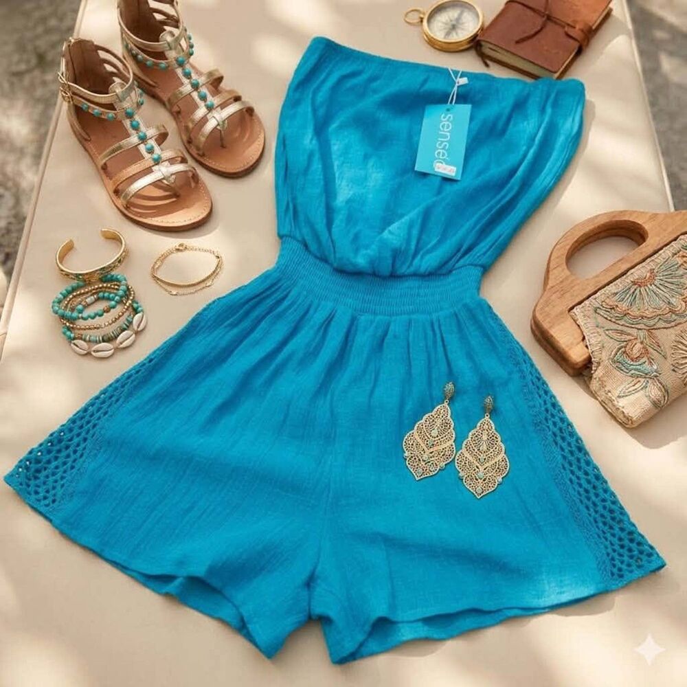 NWT SenSea Turquoise Strapless Gauze Romper Crochet Side Panel Smocked Blue S